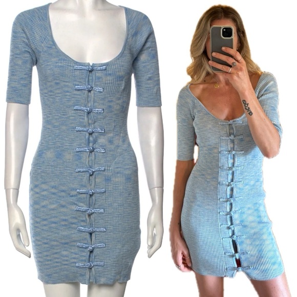 LPA Blue Knit Woven Ribbed Bodycon Tie Front Short Sleeved Scoop Neck Mini Dress - Picture 1 of 15